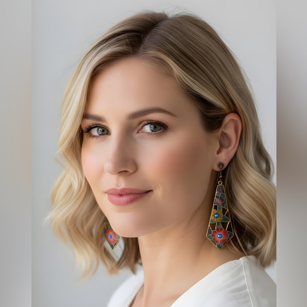 0128 Cloisonne Multicolor floral Drop Earrings